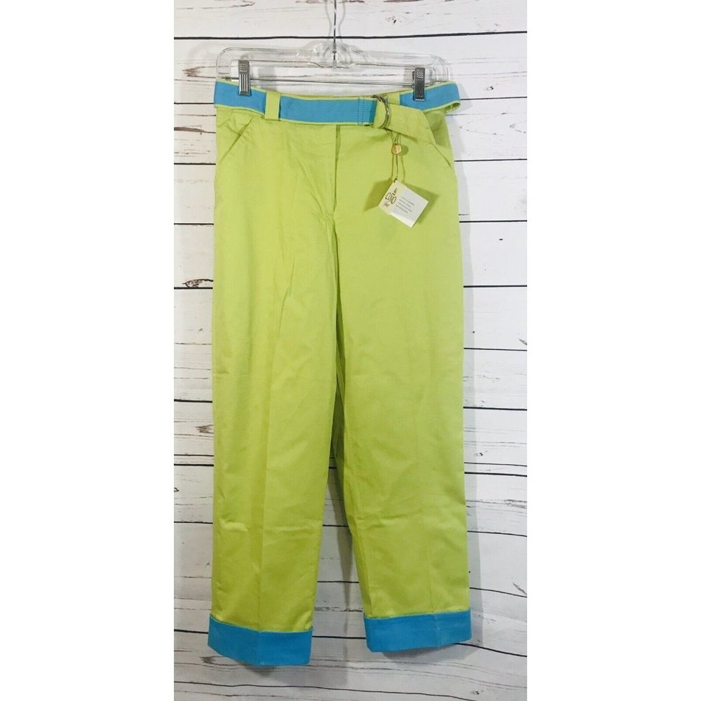 Como Sport Cropped Pants Womens Sz 4 Green Belted Capri Straight Leg Cuffed New